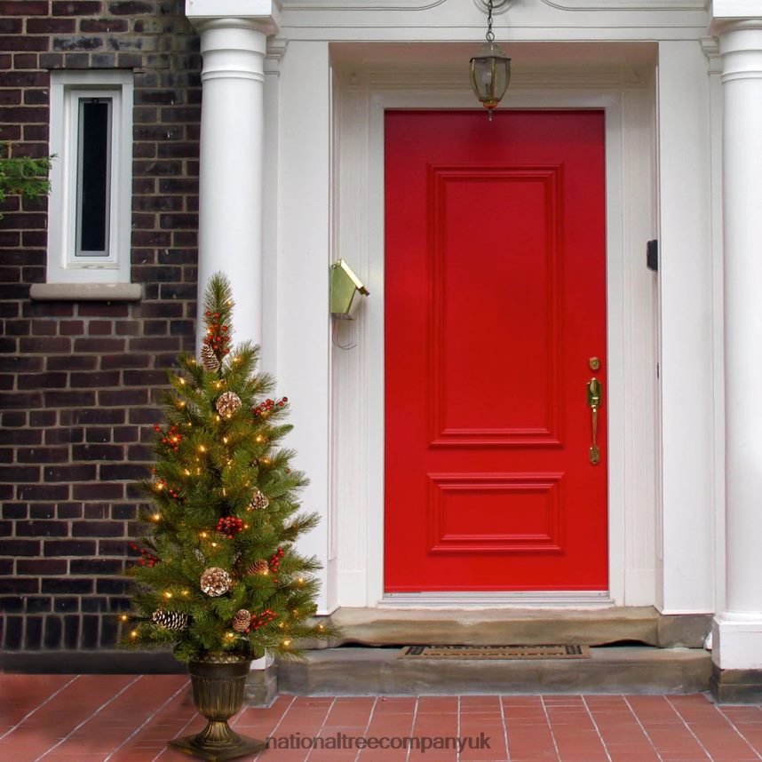 Trees | National Tree Company Pre-Lit Artificial Entrance Christmas Tree Bristle Berry Pine Green White Lights Decorated with Berry Clusters Pine Cones Includes Metal Base 4 Feet F2L4F151